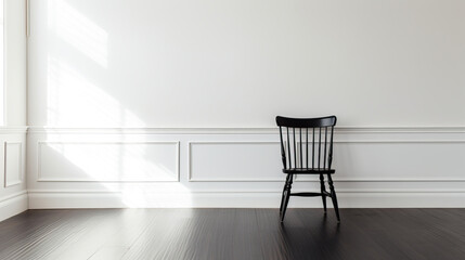 Black chair in the interior of a room with a white wall