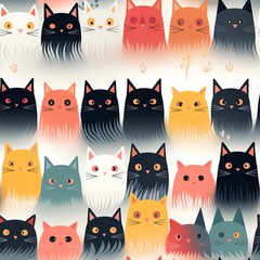 Cute Seamless Cat Pattern Design - Childish Hand Drawn Style Kitten Pattern Background. Generate AI