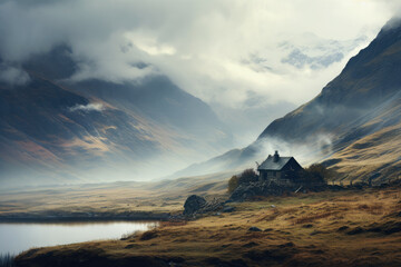 Mountains landscape house in the wild