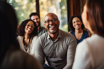 Group therapy and support. The focus is on a smiling middle aged African American man in eyeglasses. A group of people around support him. - obrazy, fototapety, plakaty