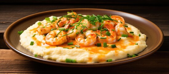 Cheesy chive shrimp and grits on a rustic plate