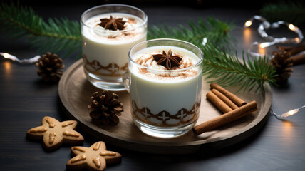 Obraz na płótnie Canvas Two glasses of cinnamon latte coffee and gingerbread cookie for Christmas on wooden plate with decorations. High quality photo