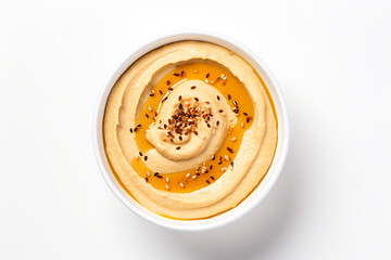 Hummus in bowl on white background, top view - obrazy, fototapety, plakaty