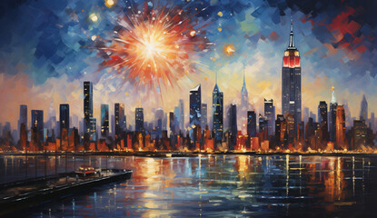 Obraz premium Vibrant New York Skyline Painting with Fireworks - 2024 New Year Celebration