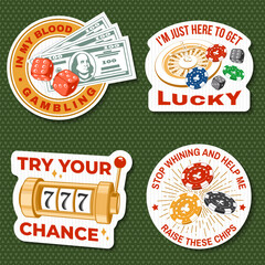 Gambling sticker, print, logo, badge design with wheel of fortune, two dice, dollar banknotes and casino slot machines. Vector. Wheel of fortune, two dice and casino slot machines for gambling