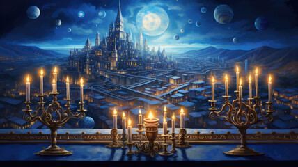 Hanukkah celebration, candles on candlesticks and night holiday city in the background. High quality illustration