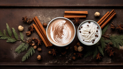 Two cups of cinnamon latte coffee with pines and nuts for Christmas on a dark table with decorations. High quality photo - obrazy, fototapety, plakaty