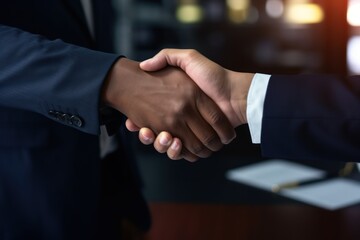 Hands close-up. Cropped photo of a businessman shaking hands to seal a deal with his partner lawyers or attorneys discussing a contract agreement.