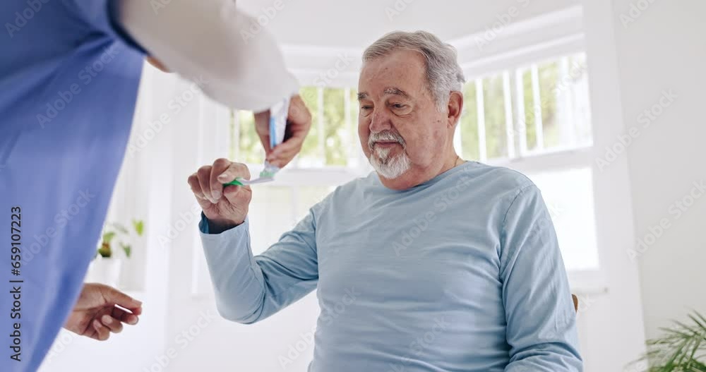 Wall mural Old man, brushing teeth or nurse in nursing home for wellness or helping support in retirement. Toothpaste, caregiver or elderly patient cleaning mouth with social worker for dental or oral health