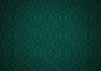 Hand-drawn unique abstract symmetrical seamless ornament. Bright green on a deep cold green with vignette of a darker background color. Paper texture. Digital artwork, A4. (pattern: p10-2c)