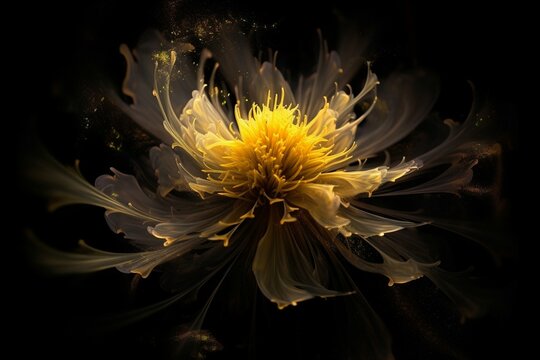 Abstract flower image with surreal yellow hues on a black background. Generative AI