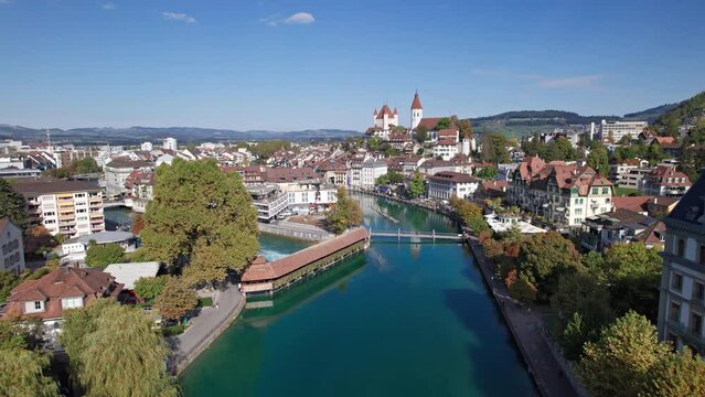 Aerial panorama of Thun old town, Switzerland.