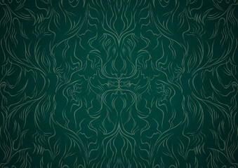 Hand-drawn unique abstract symmetrical seamless ornament. Bright green on a deep cold green with vignette of a darker background color. Paper texture. Digital artwork, A4. (pattern: p11-1a)