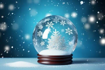 Fototapeta na wymiar Snow globe with falling snowflake on blue background. Generative AI