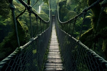 A bridge made of ropes stretched across a lush forest of trees. Generative AI