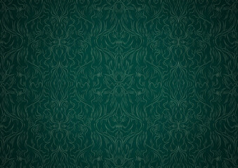 Hand-drawn unique abstract symmetrical seamless ornament. Bright green on a deep cold green with vignette of a darker background color. Paper texture. Digital artwork, A4. (pattern: p11-1b)