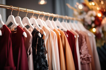 Collection of elegant evening dresses hanging on rack in luxury modern shop boutique. Dress rental for various occasions and events. Ball gown hire - obrazy, fototapety, plakaty