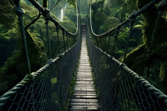 Fototapeta A bridge made of ropes stretched across a lush forest of trees. Generative AI