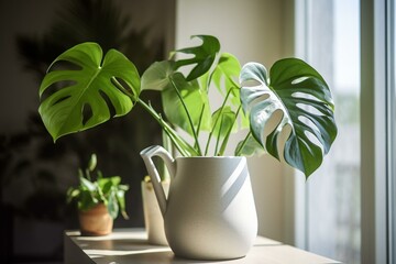 Watering jug and monstera leaf houseplants. Generative AI