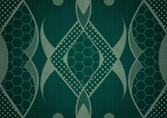 Hand-drawn unique abstract symmetrical seamless ornament. Bright green on a deep cold green with vignette of a darker background color. Paper texture. Digital artwork, A4. (pattern: p12a)