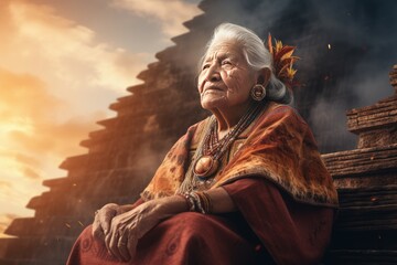 Aztec old woman pyramid. Tourist sacred. Generate AI - obrazy, fototapety, plakaty