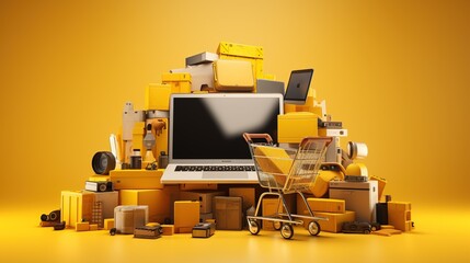 A new laptop bunch of other various products , bright yellow background. online shopping, sales season, Black Friday