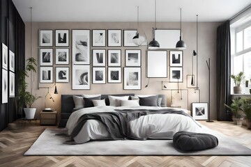 The essence of Scandi-style comes alive within a hipster interior backdrop. A mock-up poster frame, embodying the clean lines and simplicity of Scandinavian design, stands as a focal point