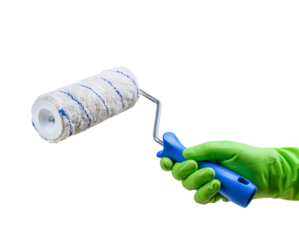 Hand in protective glove holding new painting brush roller isolated on white background