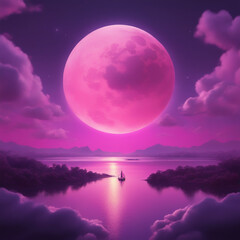 Fototapeta na wymiar a pink moon shines through the clouds and at night, in the style of light purple and light amber, pop inspo, ahmed morsi, sailor moon, transcendental dreaming, sudersan pattnaik, generative AI
