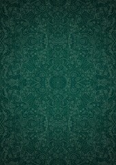 Hand-drawn unique abstract symmetrical seamless ornament. Bright green on a deep cold green with vignette of a darker background color. Paper texture. Digital artwork, A4. (pattern: p06d) - obrazy, fototapety, plakaty
