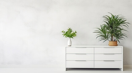 Chest of drawers with house plants, white wall, space for text, copy space