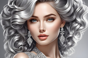 Woman with gorgeous hairstyle in silver dress, design for advertising. Generative AI
