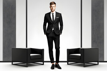 White man wearing black suit, design for advertising. Generative AI