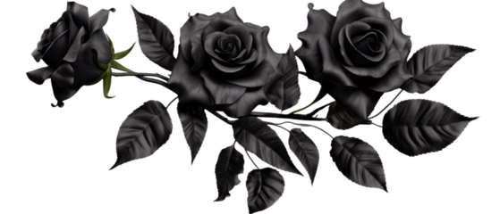 Set of isolated buds, flowers, leaves and black rose flowers on transparent background. cut flower elements, garden themed designs. Top view high quality PNG." design elements, top view / flat lay