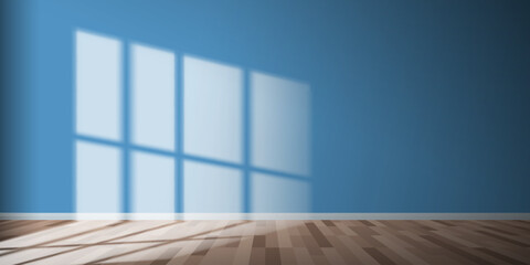 empty room interior with blue  color  wooden floor window sun light effect vector illustration