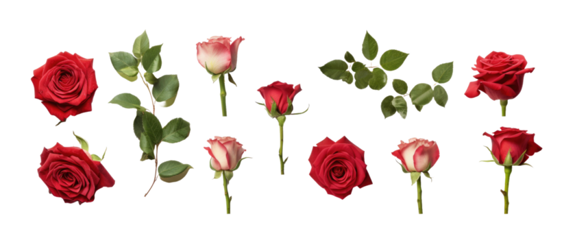 Set of isolated buds, flowers, leaves and rose rose flowers on transparent background. cut flower elements, garden themed designs. Top view high quality PNG." design elements, top view / flat lay