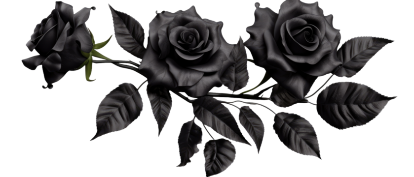 Set of isolated buds, flowers, leaves and black rose flowers on transparent background. cut flower elements, garden themed designs. Top view high quality PNG." design elements, top view / flat lay
