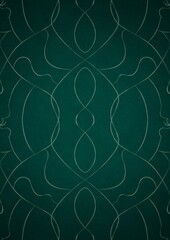 Hand-drawn unique abstract symmetrical seamless ornament. Bright green on a deep cold green with vignette of a darker background color. Paper texture. Digital artwork, A4. (pattern: p08-1d)
