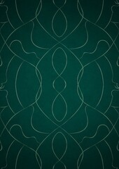 Hand-drawn unique abstract symmetrical seamless ornament. Bright green on a deep cold green with vignette of a darker background color. Paper texture. Digital artwork, A4. (pattern: p08-1d)