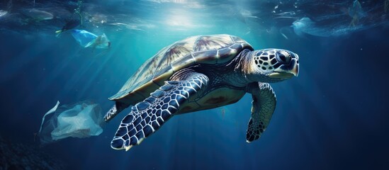 Fototapeta premium Hope for saving the world through a conceptual artwork showcasing a turtle filled with garbage and plastic waste in a polluted ocean highlighting environmental and social issues