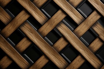 Black lattice tiles on oak background. Generative AI - obrazy, fototapety, plakaty