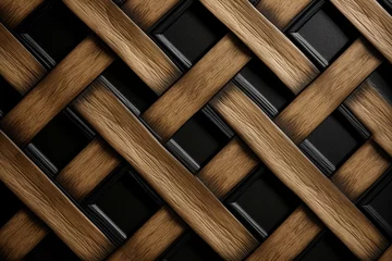 Deurstickers Black lattice tiles on oak background. Generative AI © Arcadia