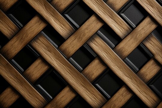 Black lattice tiles on oak background. Generative AI