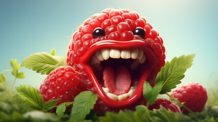 A raspberry creature with teeth and mouth open is situated on grassy ground. - obrazy, fototapety, plakaty