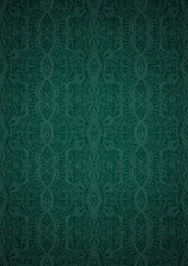 Hand-drawn unique abstract symmetrical seamless ornament. Bright green on a deep cold green with vignette of a darker background color. Paper texture. Digital artwork, A4. (pattern: p09e)