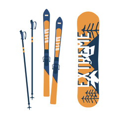 Snowboard, A Sleek, Elongated Board With Bindings For Gliding Down Snowy Slopes. Skis, Long, Narrow, And Curved Pieces - obrazy, fototapety, plakaty