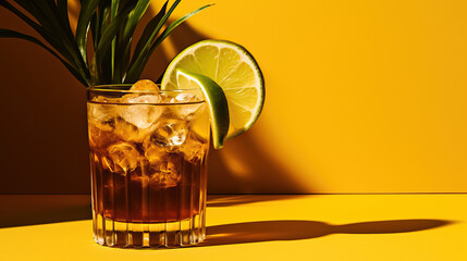 Cocktail with lime and ice on a yellow-brown