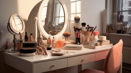 Make Up Table with Some Make Up Above it - obrazy, fototapety, plakaty