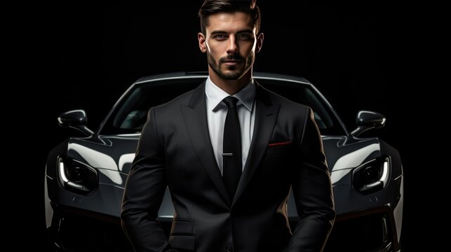 Man Wearing Suit in Front of Black Luxury Super Car Isolated Dark Background