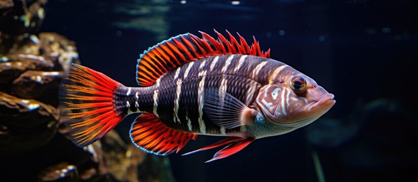 Red African cichlid mbuna a famous aquarium pet swimming in aquatic environment with decorative elements